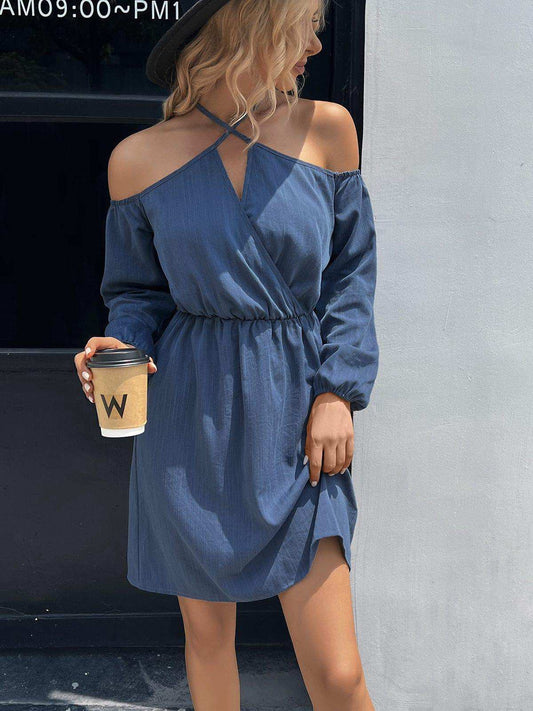 Cold-Shoulder Crisscross Mini Dress - Trendsi - Flyclothing LLC