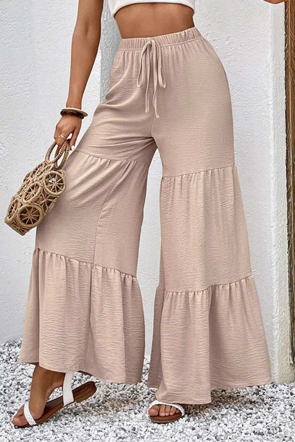 Drawstring Waist Tiered Flare Culottes - Trendsi - Flyclothing LLC
