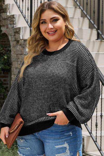 Plus Size Waffle-Knit Round Neck Dropped Shoulder Sweater - Trendsi - Flyclothing LLC