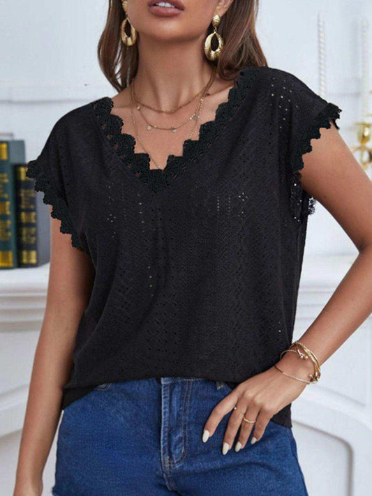 V-Neck Eyelet Short Sleeve Top - Trendsi - Flyclothing LLC