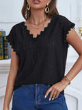 V-Neck Eyelet Short Sleeve Top - Trendsi - Flyclothing LLC