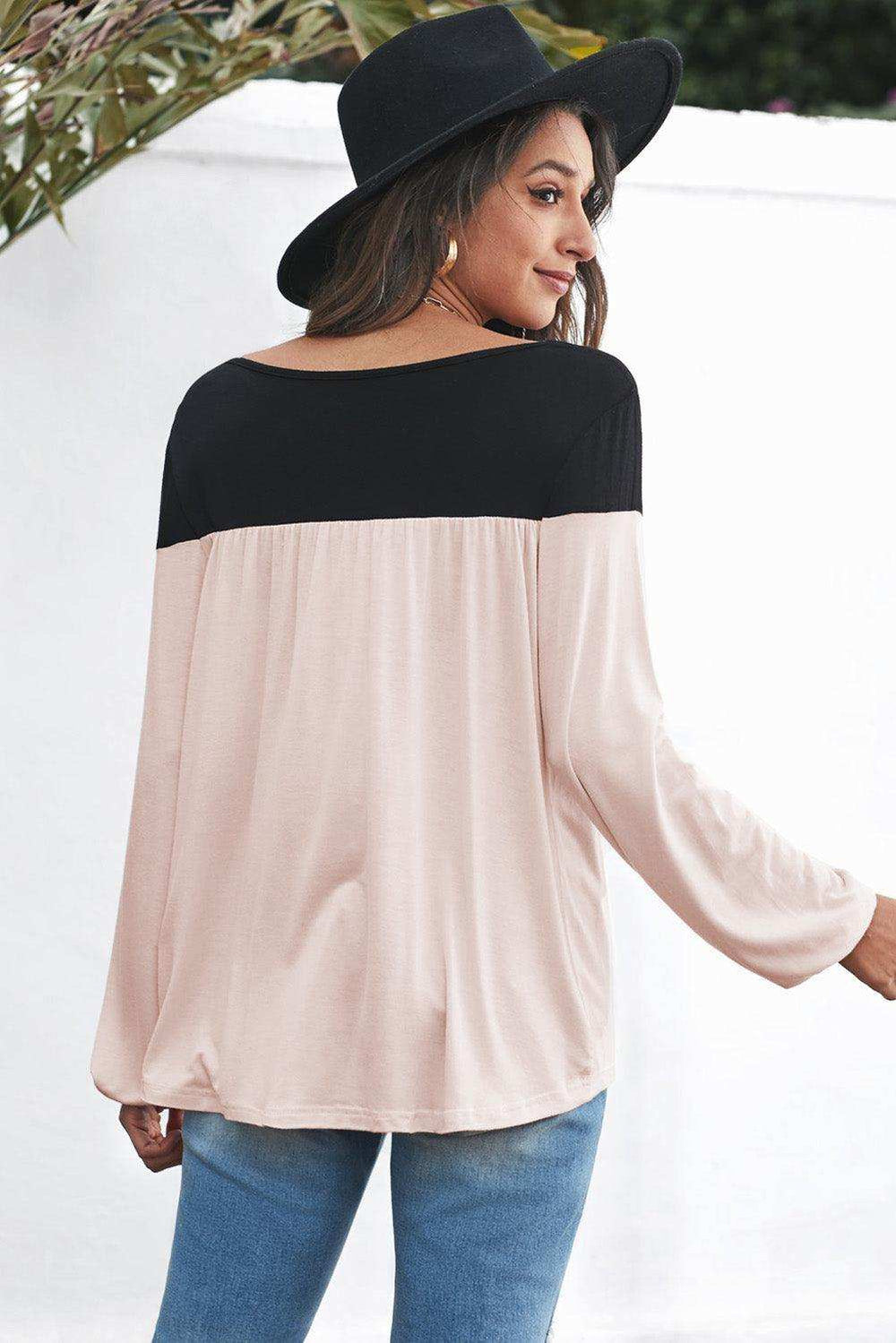 Contrast Balloon Sleeve Blouse - Trendsi - Flyclothing LLC