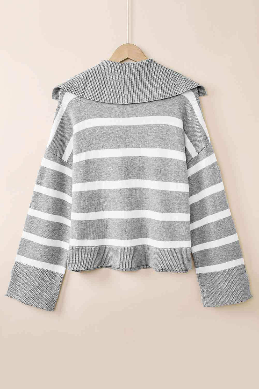 Striped Collared Neck Slit Sweater - Trendsi - Flyclothing LLC