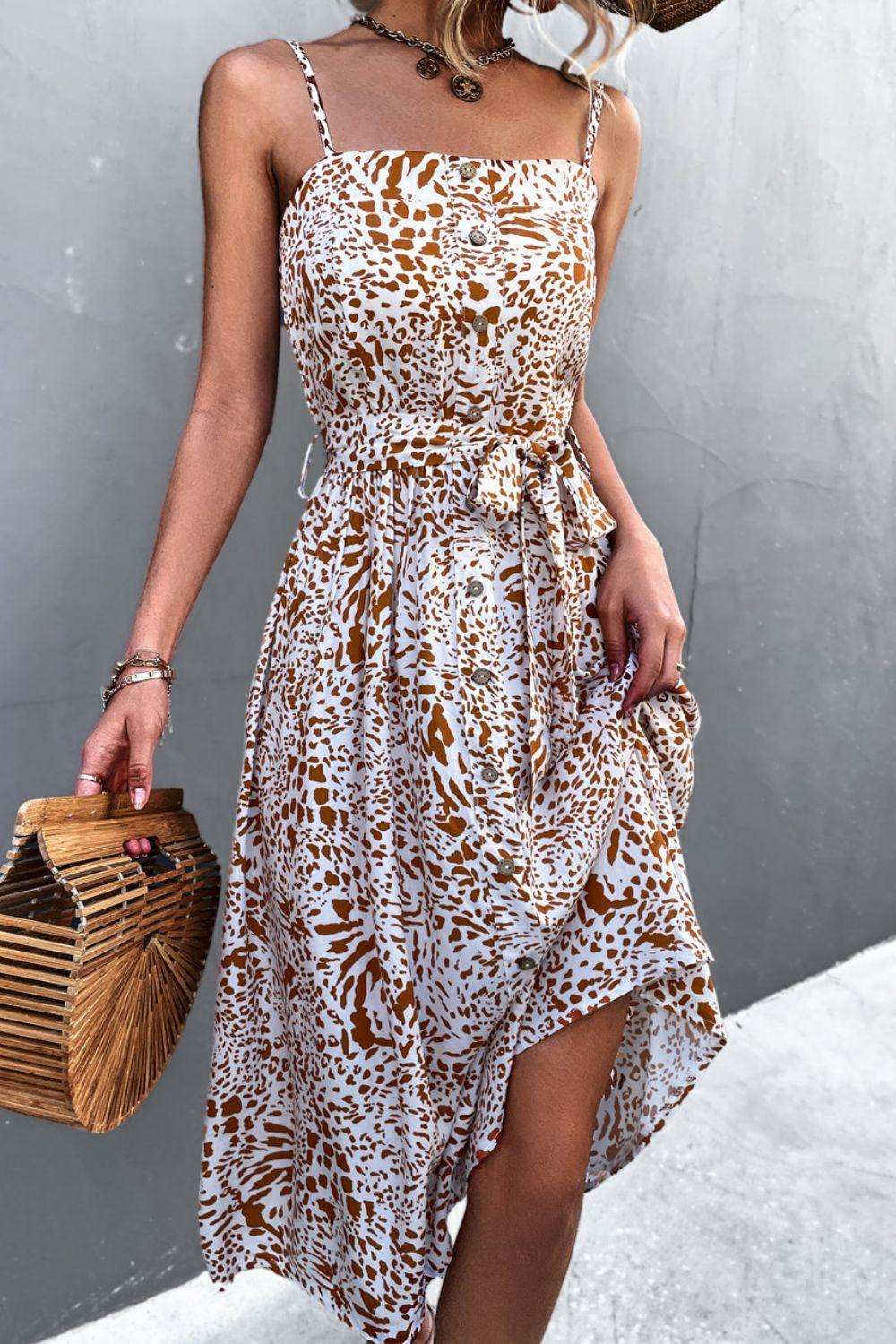 Printed Spaghetti Strap Decorative Button Belted Dress - Trendsi - Flyclothing LLC