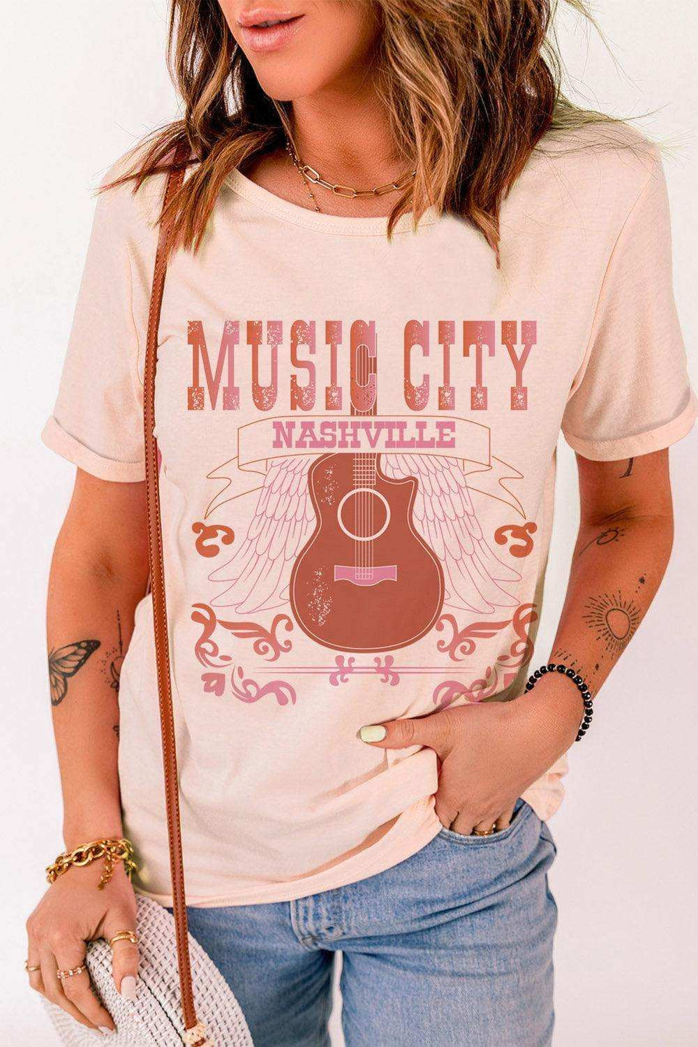 MUSIC CITY Cuffed Short Sleeve Tee - Trendsi - Flyclothing LLC