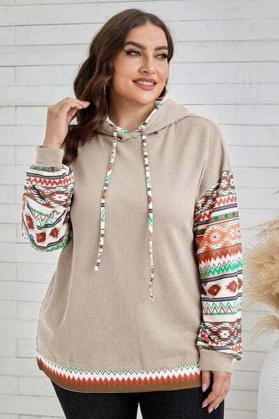 Plus Size Waffle-Knit Geometric Dropped Shoulder Hoodie - Trendsi - Flyclothing LLC