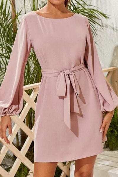 Tied Boat Neck Balloon Sleeve Mini Dress - Trendsi - Flyclothing LLC