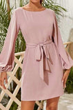 Tied Boat Neck Balloon Sleeve Mini Dress - Trendsi - Flyclothing LLC