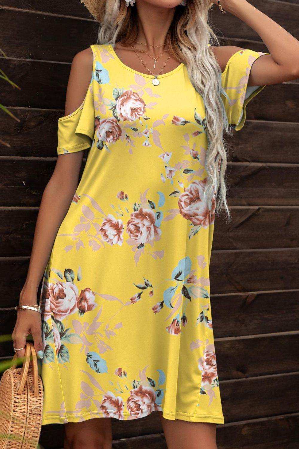 Floral Round Neck Cold-Shoulder Dress - Trendsi - Flyclothing LLC
