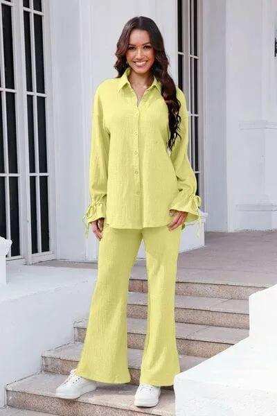 Drawstring Flounce Sleeve Shirt and Pants Set - Trendsi - Flyclothing LLC