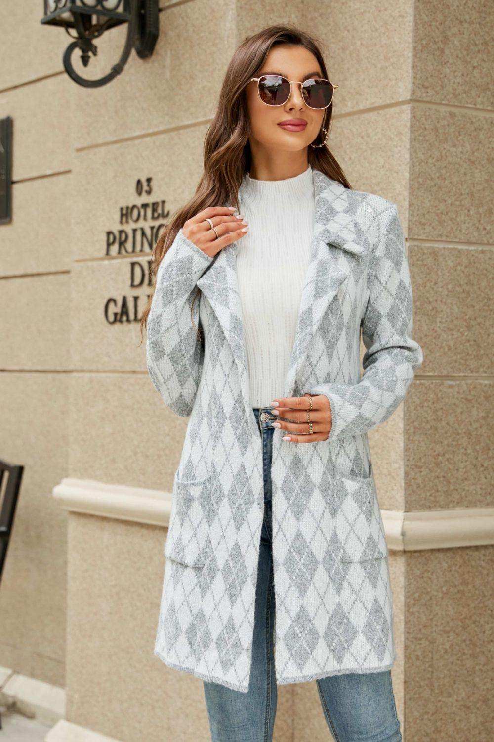 Printed Open Front Lapel Collar Cardigan with Pockets - Trendsi - Flyclothing LLC