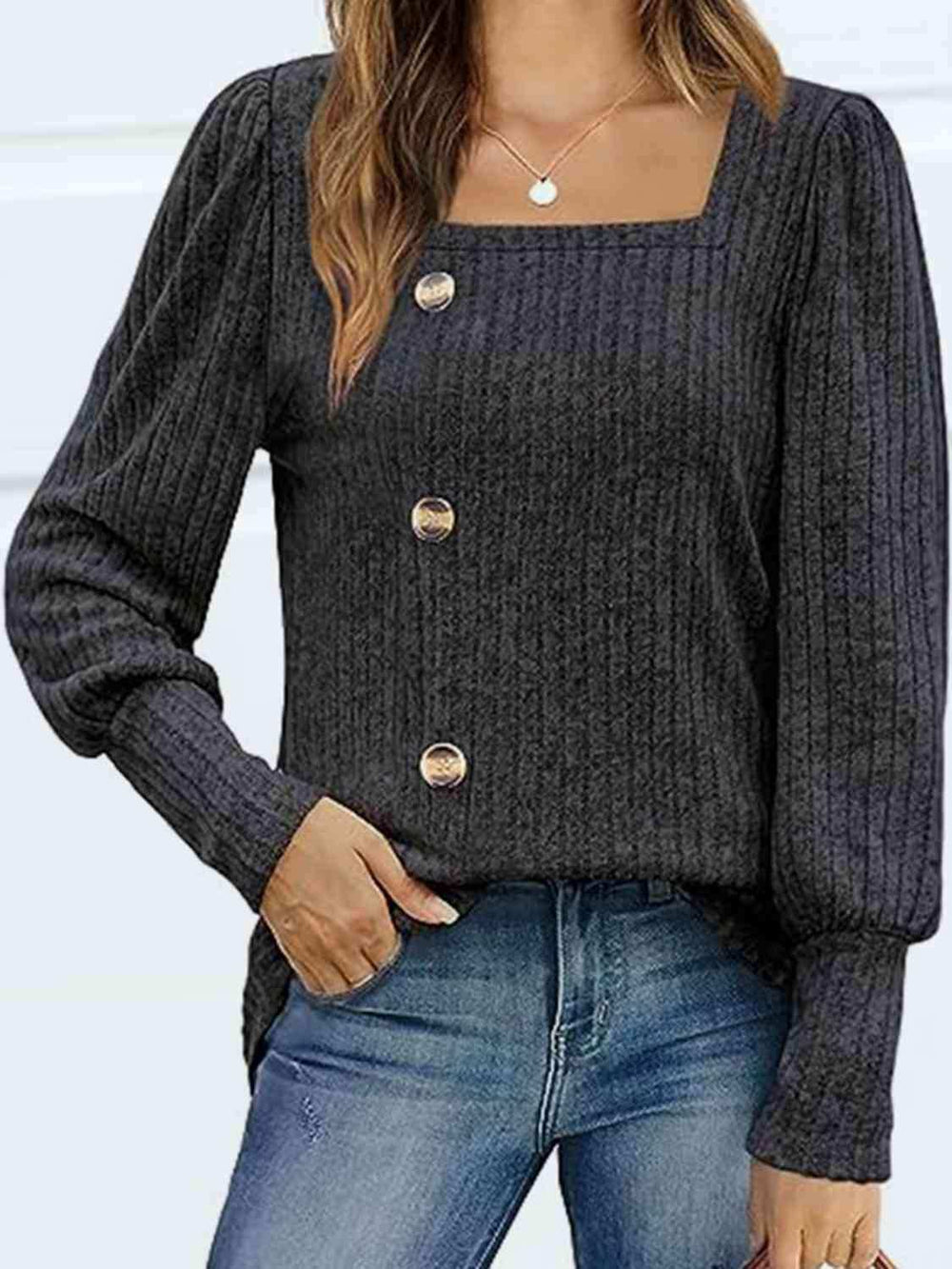 Decorative Button Square Neck Top - Trendsi - Flyclothing LLC
