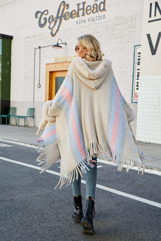 Color Block Fringe Detail Poncho - Trendsi - Flyclothing LLC