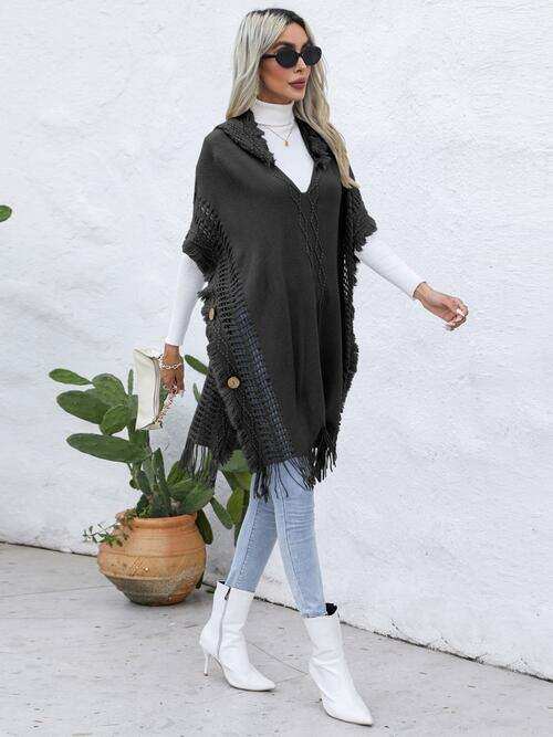 Fringe Trim Buttoned Hooded Poncho - Trendsi - Flyclothing LLC