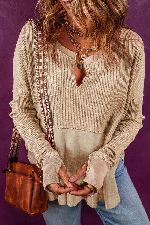 Notched Neck Long Sleeve Slit Blouse - Trendsi - Flyclothing LLC