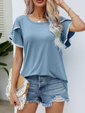 Pom-Pom Trim Flutter Sleeve Round Neck Tee - Trendsi - Flyclothing LLC