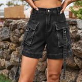 High Waist Denim Cargo Shorts - Trendsi - Flyclothing LLC