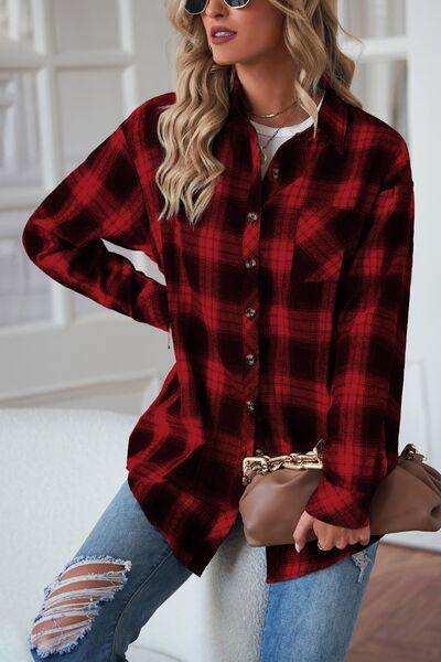 Plaid Button Up Dropped Shoulder Outerwear - Trendsi - Flyclothing LLC