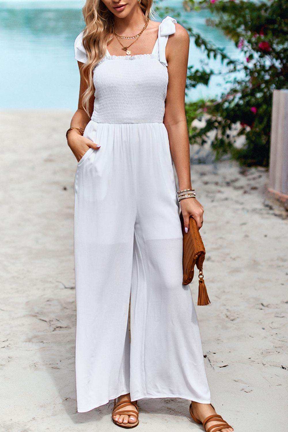 Frill Trim Tie Shoulder Wide Leg Jumpsuit with Pockets - Trendsi - Flyclothing LLC