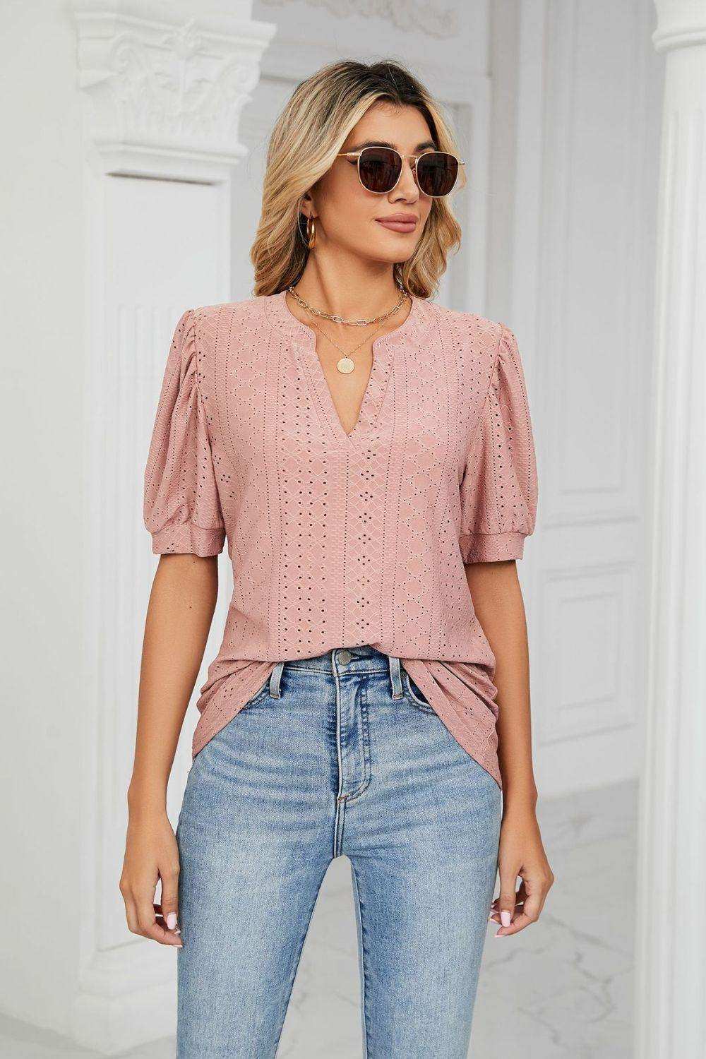 Eyelet Short Puff Sleeve Notched Neck Top - Trendsi - Flyclothing LLC