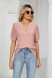 Eyelet Short Puff Sleeve Notched Neck Top - Trendsi - Flyclothing LLC