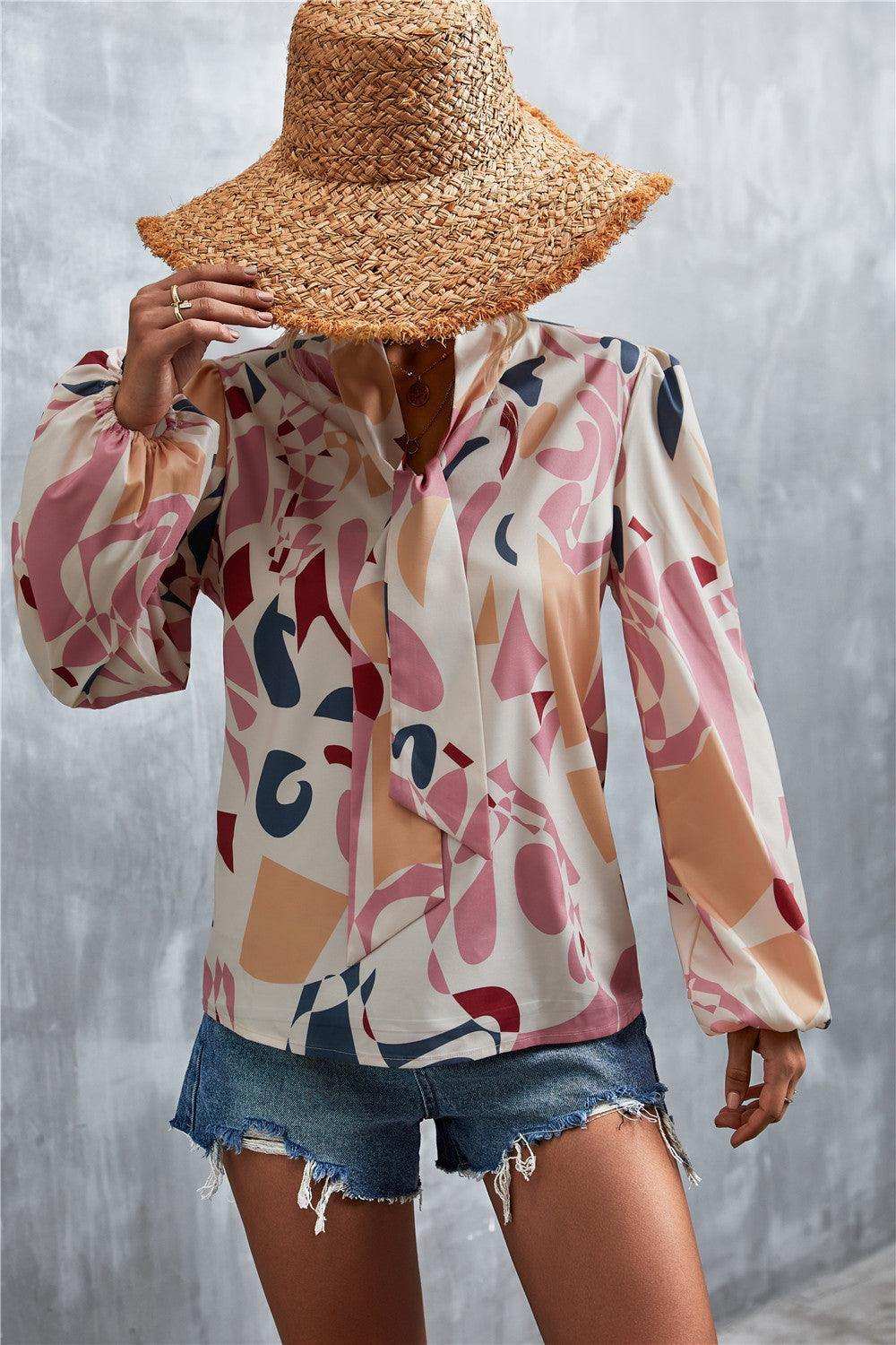 Printed Tie Neck Puff Sleeve Blouse - Trendsi - Flyclothing LLC