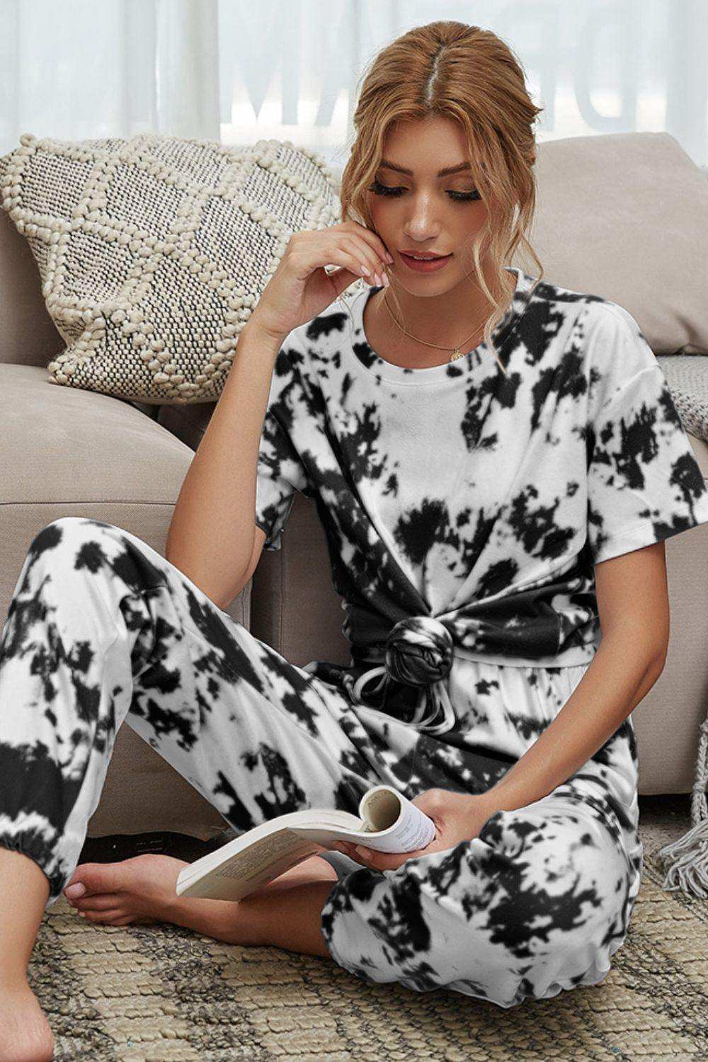 Tie-Dye Tee and Drawstring Waist Joggers Lounge Set - Trendsi - Flyclothing LLC