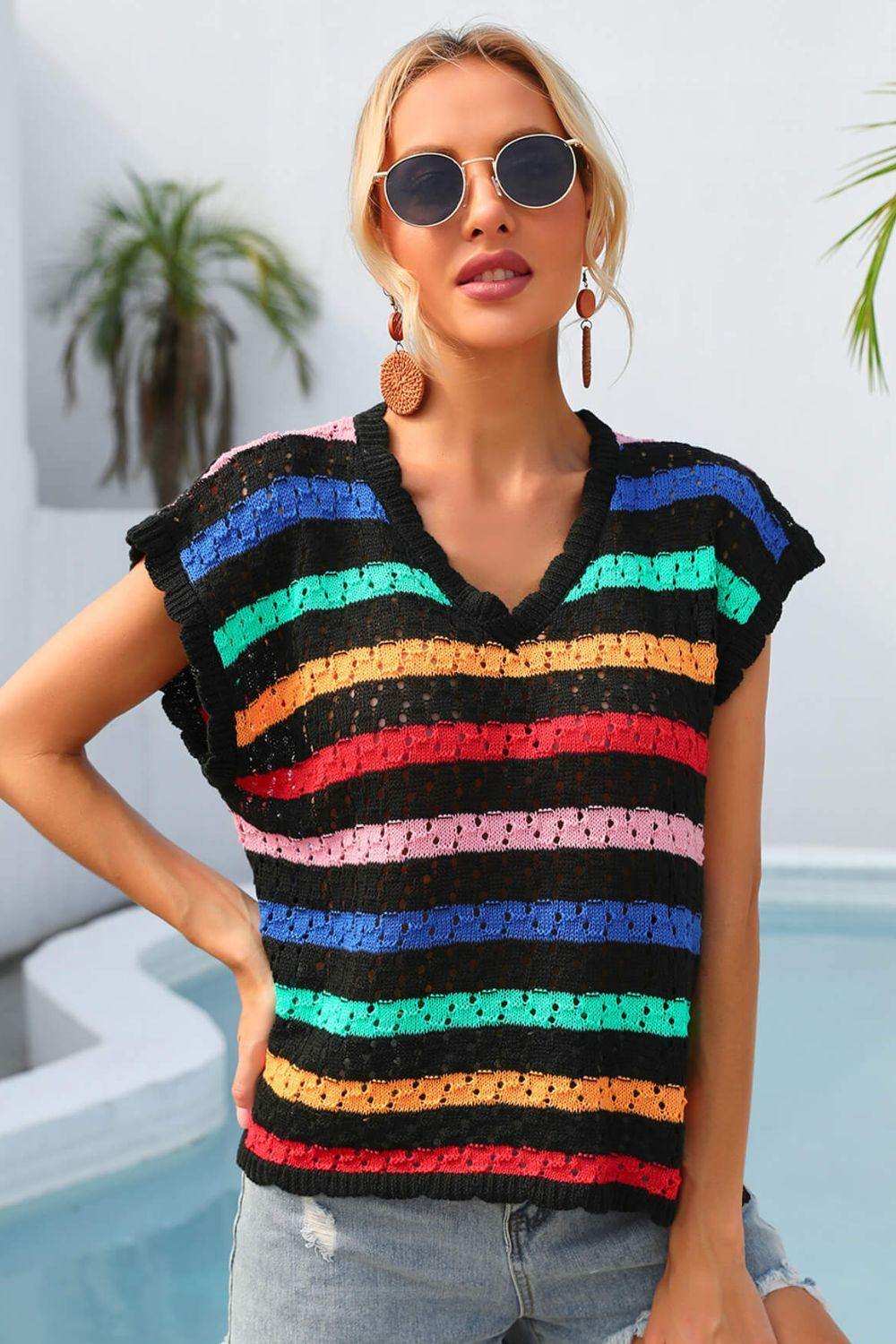 Striped V-Neck Slit Cover Up - Trendsi - Flyclothing LLC