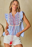 Embroidered Tassel Striped Tie Neck Blouse - Trendsi - Flyclothing LLC