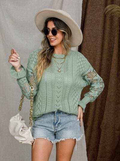 Eyelet Crochet Lantern Sleeve Sweater - Trendsi - Flyclothing LLC