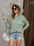 Eyelet Crochet Lantern Sleeve Sweater - Trendsi - Flyclothing LLC