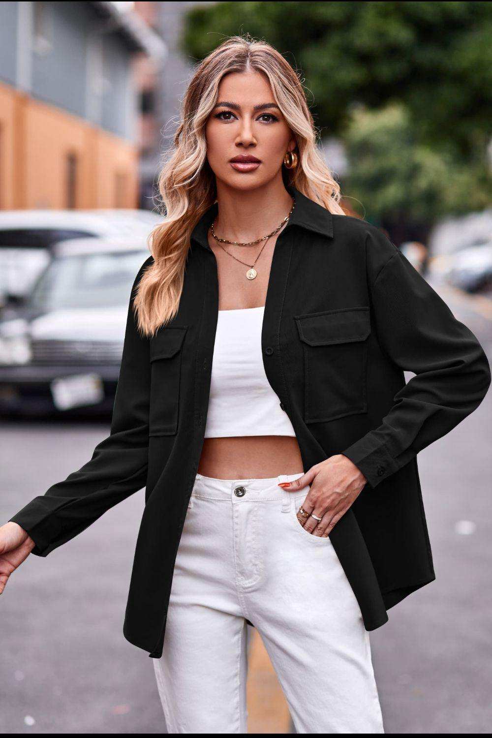 Dropped Shoulder Longline Shirt with Pockets - Trendsi - Flyclothing LLC