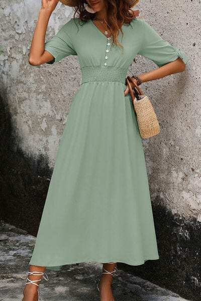 Smocked Quarter Button Short Sleeve Dress - Trendsi - Flyclothing LLC