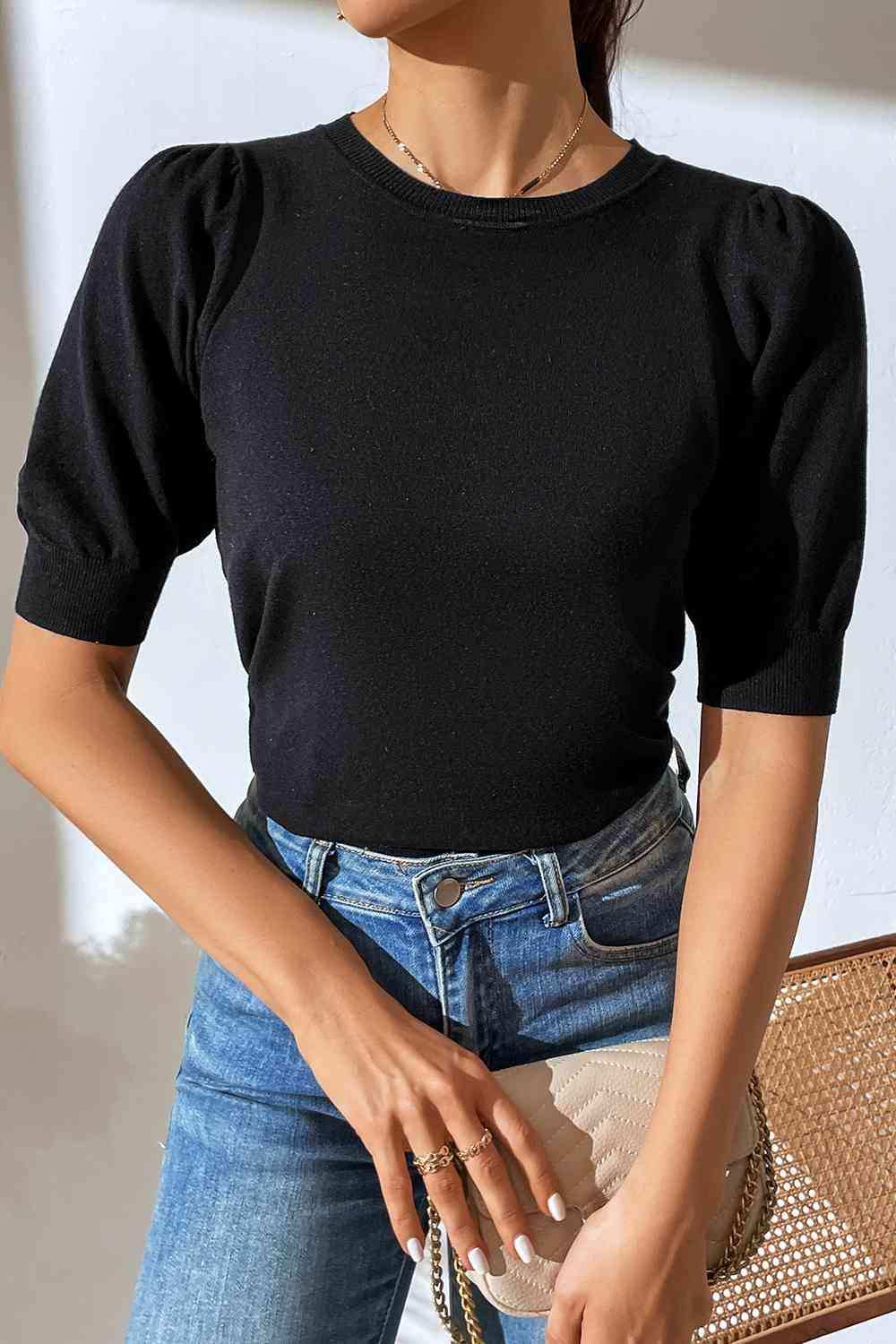 Round Neck Puff Sleeve Knit Top - Trendsi - Flyclothing LLC