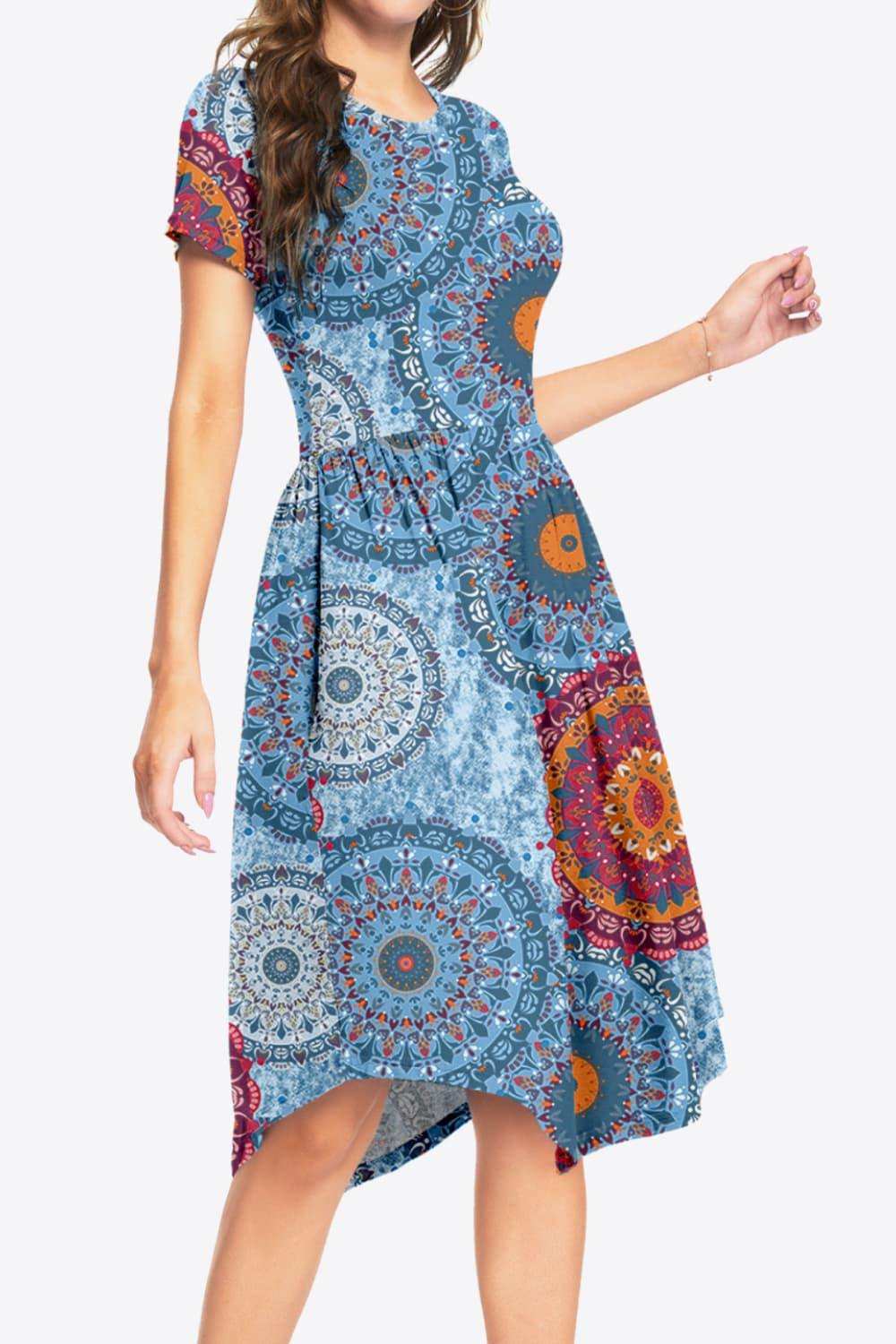 Printed Round Neck Short Sleeve Dress with Pockets - Trendsi - Flyclothing LLC