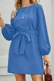 Tied Boat Neck Balloon Sleeve Mini Dress - Trendsi - Flyclothing LLC