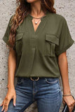Pocketed Notched Short Sleeve Blouse - Trendsi - Flyclothing LLC