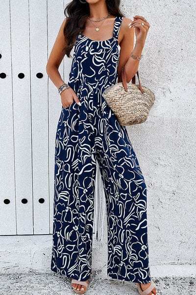 Printed Wide Strap Jumpsuit with Pockets - Trendsi - Flyclothing LLC