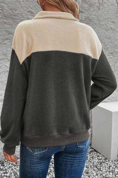 Color Block Quarter Button Dropped Shoulder Sweatshirt - Trendsi - Flyclothing LLC