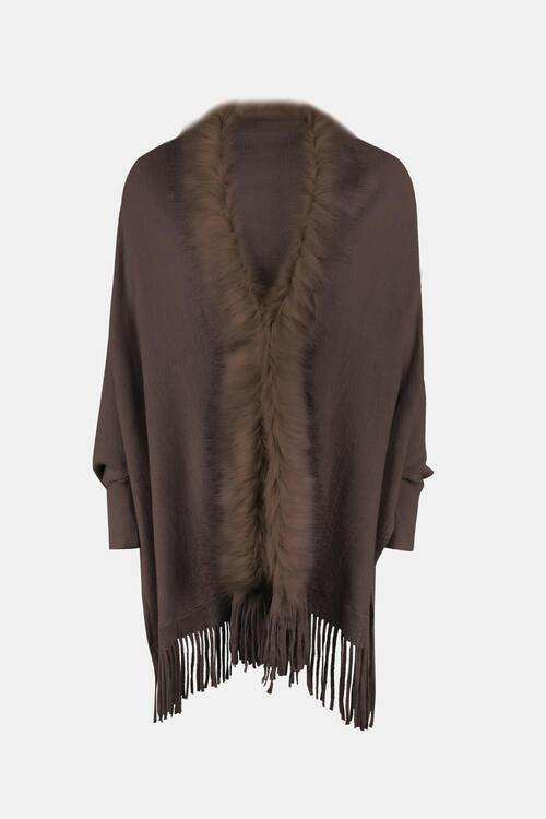 Fringe Open Front Long Sleeve Poncho - Trendsi - Flyclothing LLC