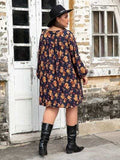 Plus Size Floral V-Neck Balloon Sleeve Dress - Trendsi - Flyclothing LLC