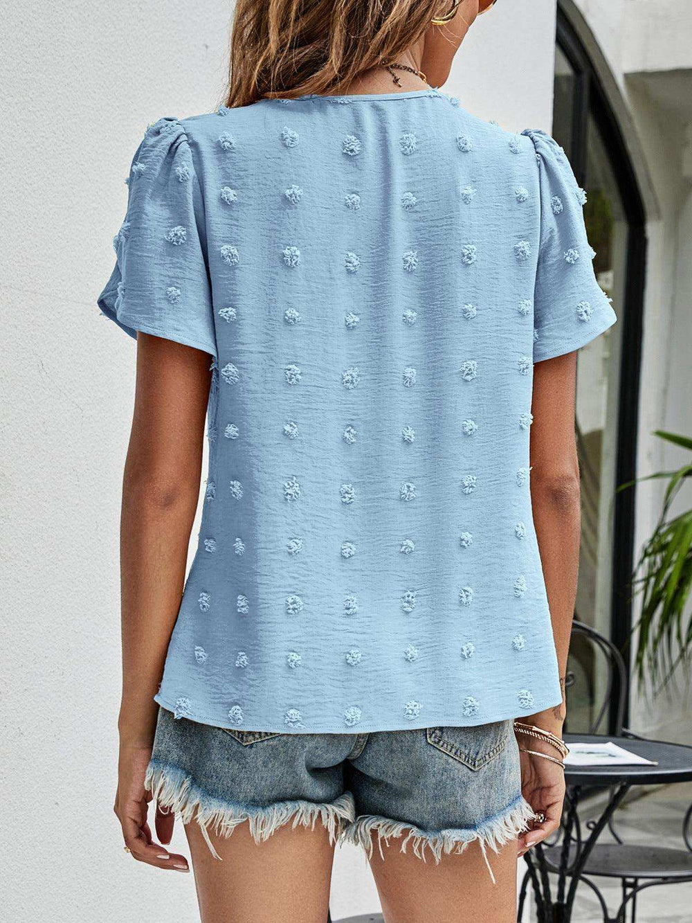 Swiss Dot Round Neck Petal Sleeve Top - Trendsi - Flyclothing LLC