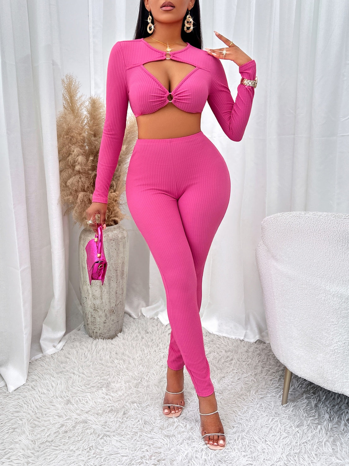 Cutout Cropped Top and Leggings Set - Hot Pink / XL