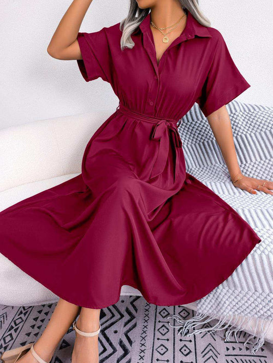 Short Sleeve Collared Tie Belt Dress - Trendsi - Flyclothing LLC