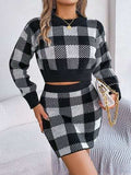 Plaid Round Neck Top and Skirt Sweater Set - Trendsi - Flyclothing LLC