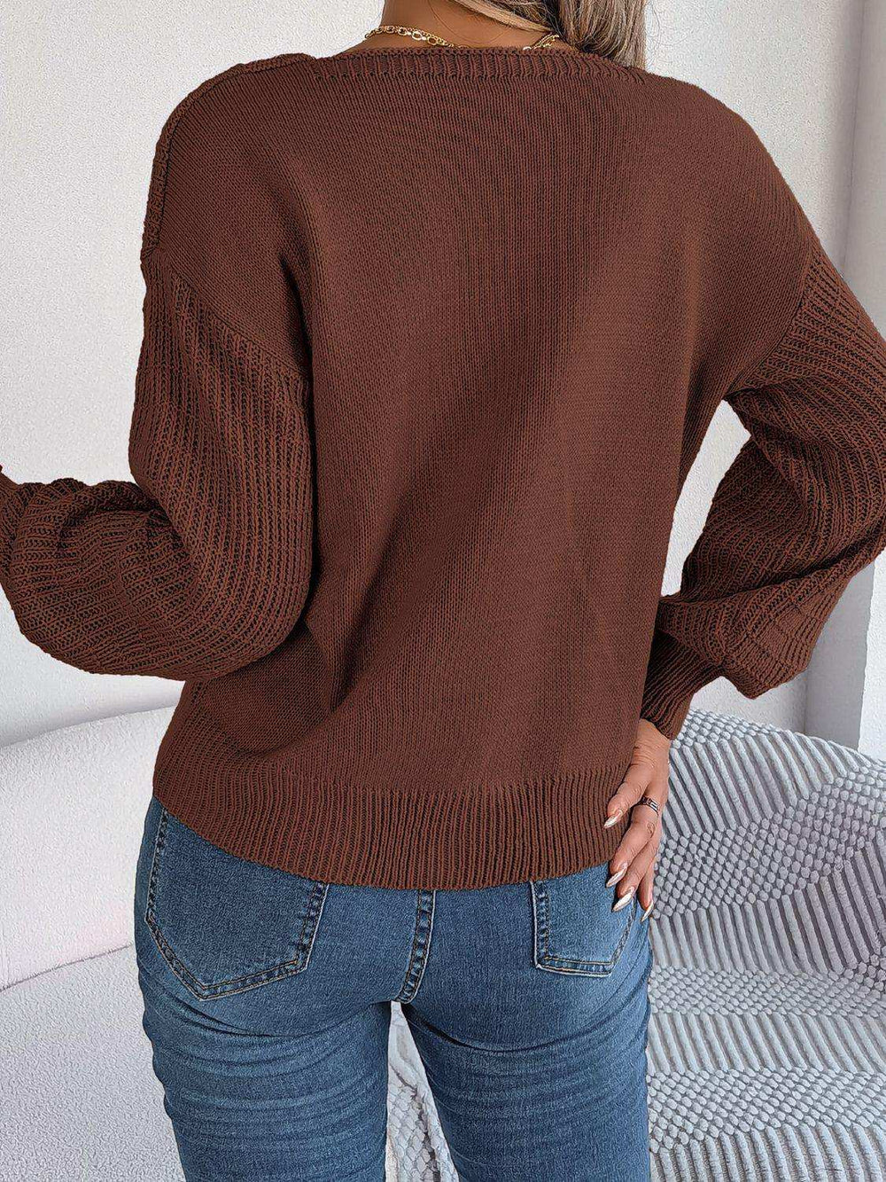 Square Neck Mixed Knit Sweater - Trendsi - Flyclothing LLC