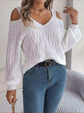 Cable-Knit Cold Shoulder Long Sleeve Sweater - Trendsi - Flyclothing LLC