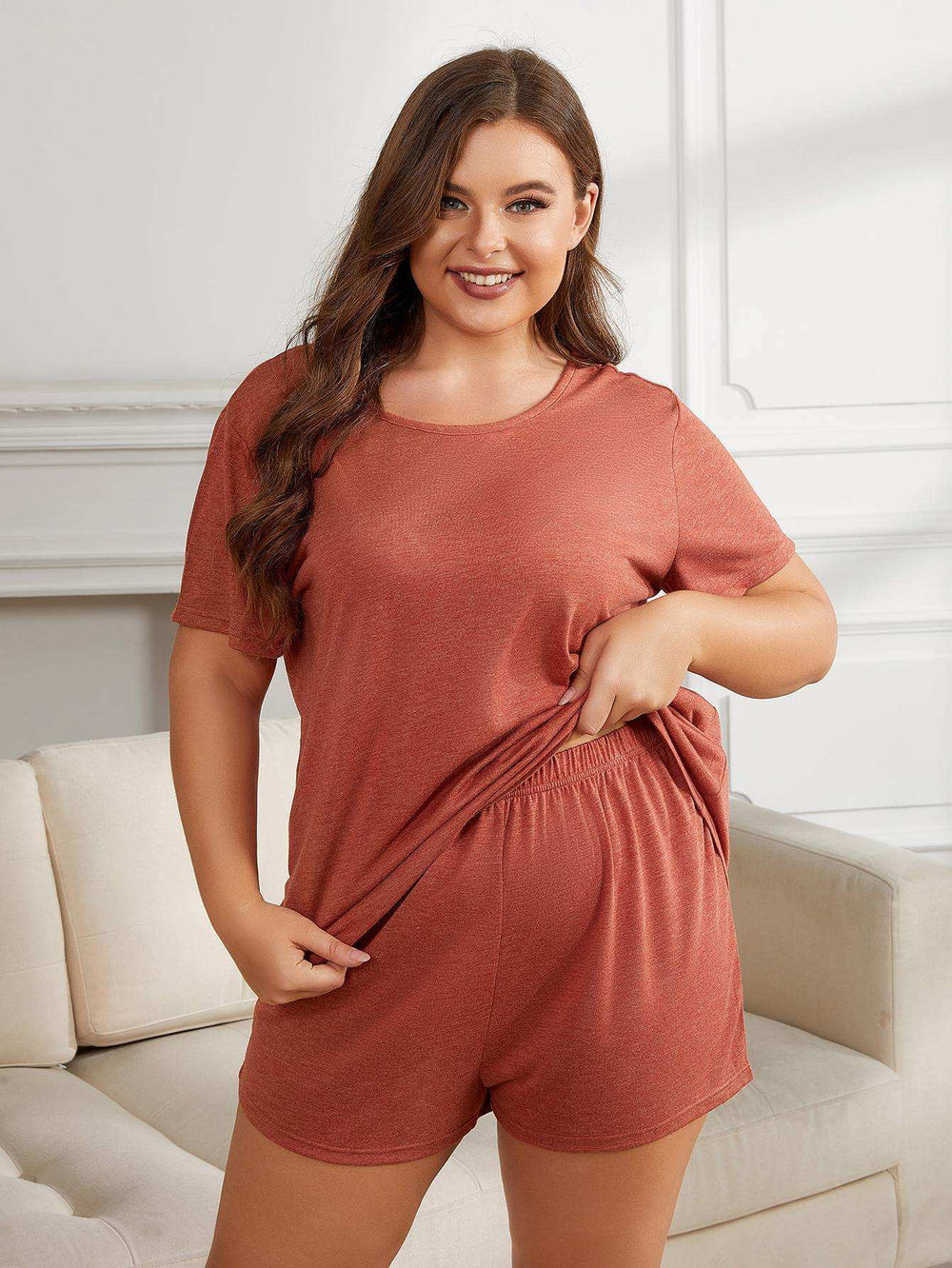 Plus Size Round Neck Short Sleeve Two-Piece Loungewear Set - Trendsi - Flyclothing LLC