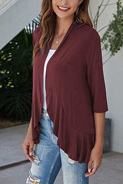 Open Front Three-Quarter Sleeve Cardigan - Trendsi - Flyclothing LLC