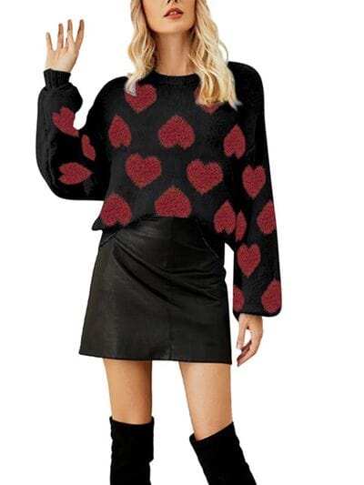 Heart Round Neck Dropped Shoulder Sweater - Trendsi - Flyclothing LLC
